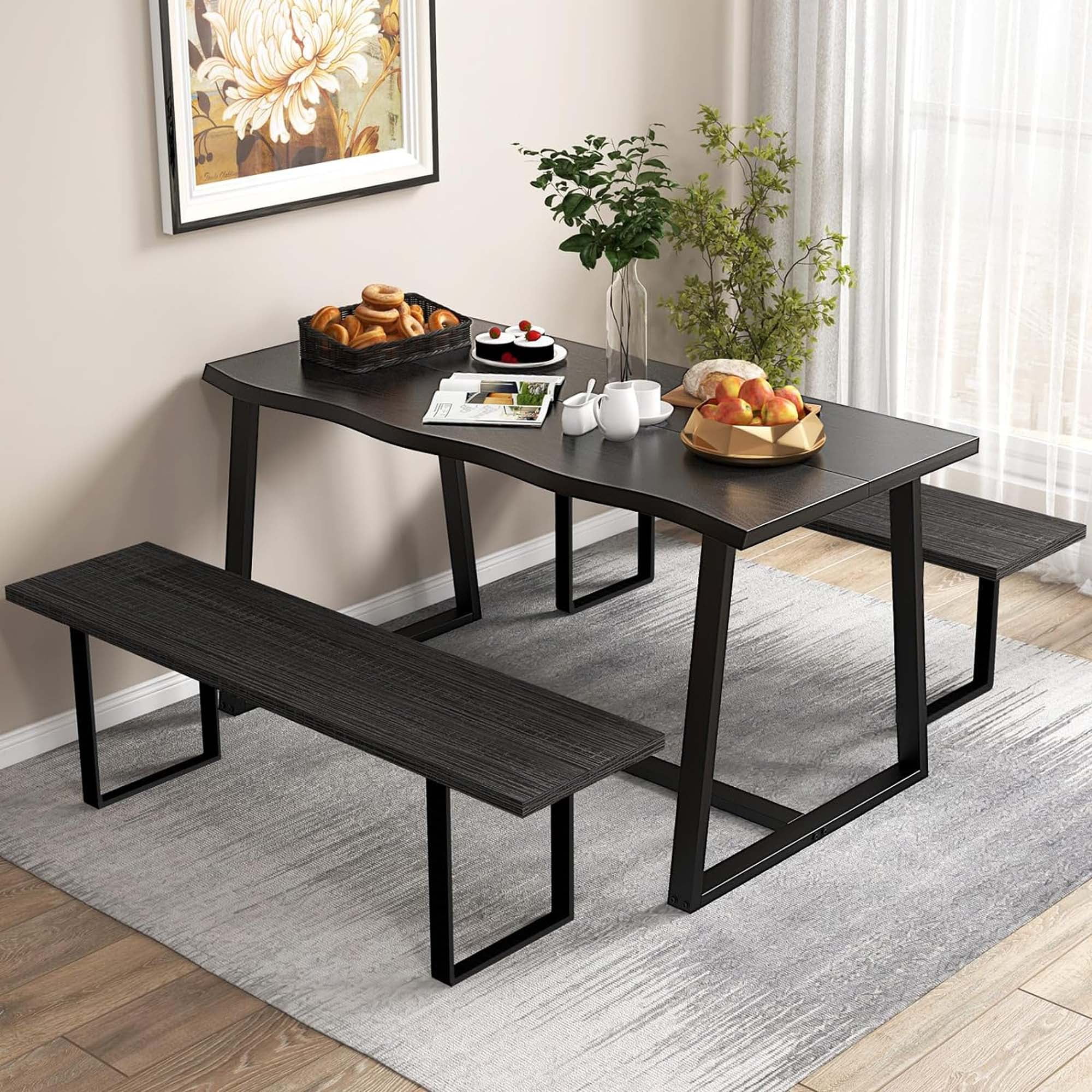 Costway 63" Large Dining Table for 4-6 People with Wavy Edge Heavy-duty Metal Frame Black
