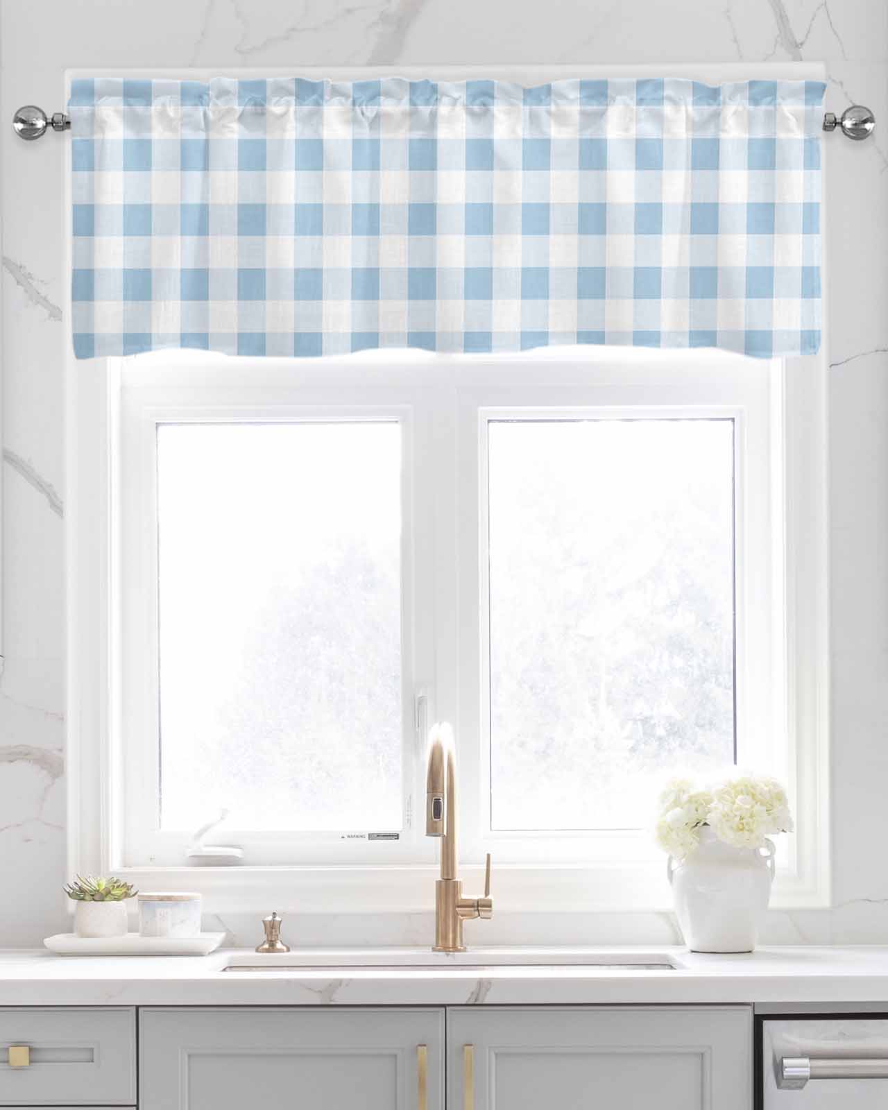 Buffalo Plaid Blue Linen Curtain Valance for Bedroom/Bathroom/Kitchen/Office/Living/Dining Room Windows,Country French Simple White Lattice Pocket Topper Drapes Decorative Cafe Drapery Panel 54x18