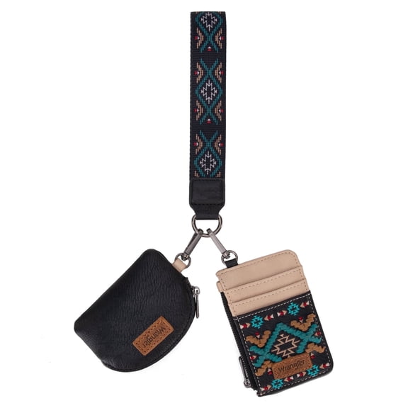 Wrangler Aztec Keychain Wristlet Wallets for Women Western Dual Pouch Wristlet Credit Card Holder Wallet with Zipper Pocket, Aztec-Black
