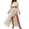 thumbnail image 2 of LEKWK Linen Sets for Women 2 Piece Long Sleeve Crewneck Crop Tops High Slit Flowy Maxi Skirts Summer Fashion Boho Beach Vacation Outfits, 2 of 8