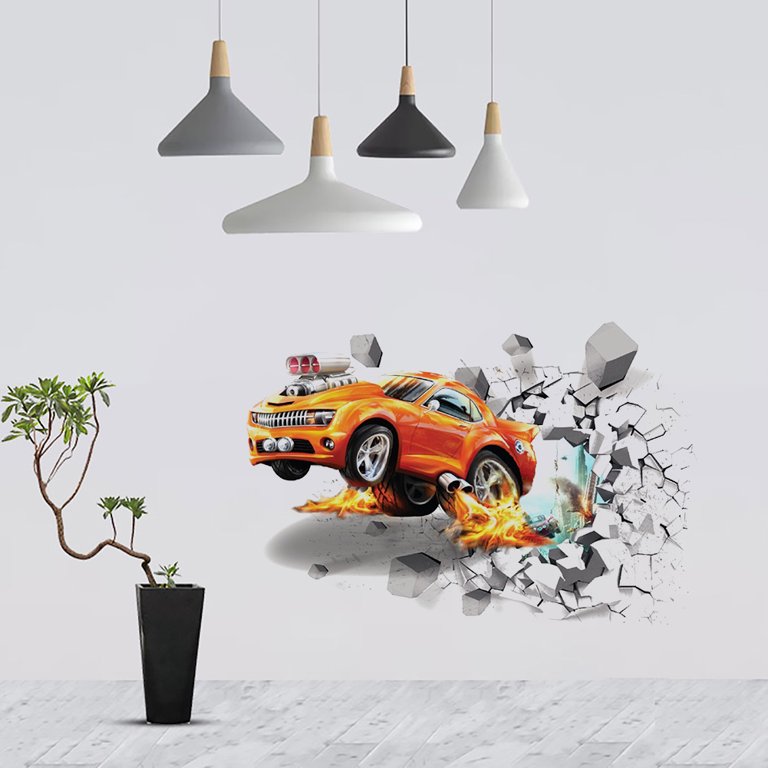 Farfi 3D Self-adhesive Car Break Through the Removable Wall Stickers Decals  Room Decor 