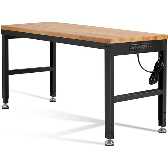 Haddockway Adjustable Workbench for Garage, 60" x 22" Rubber Wood Top Worktable with Power Outlets, Max 2000 Lbs Load Capacity Heavy Duty Workstation for Workshop Office Home (Black Frame, 60in)