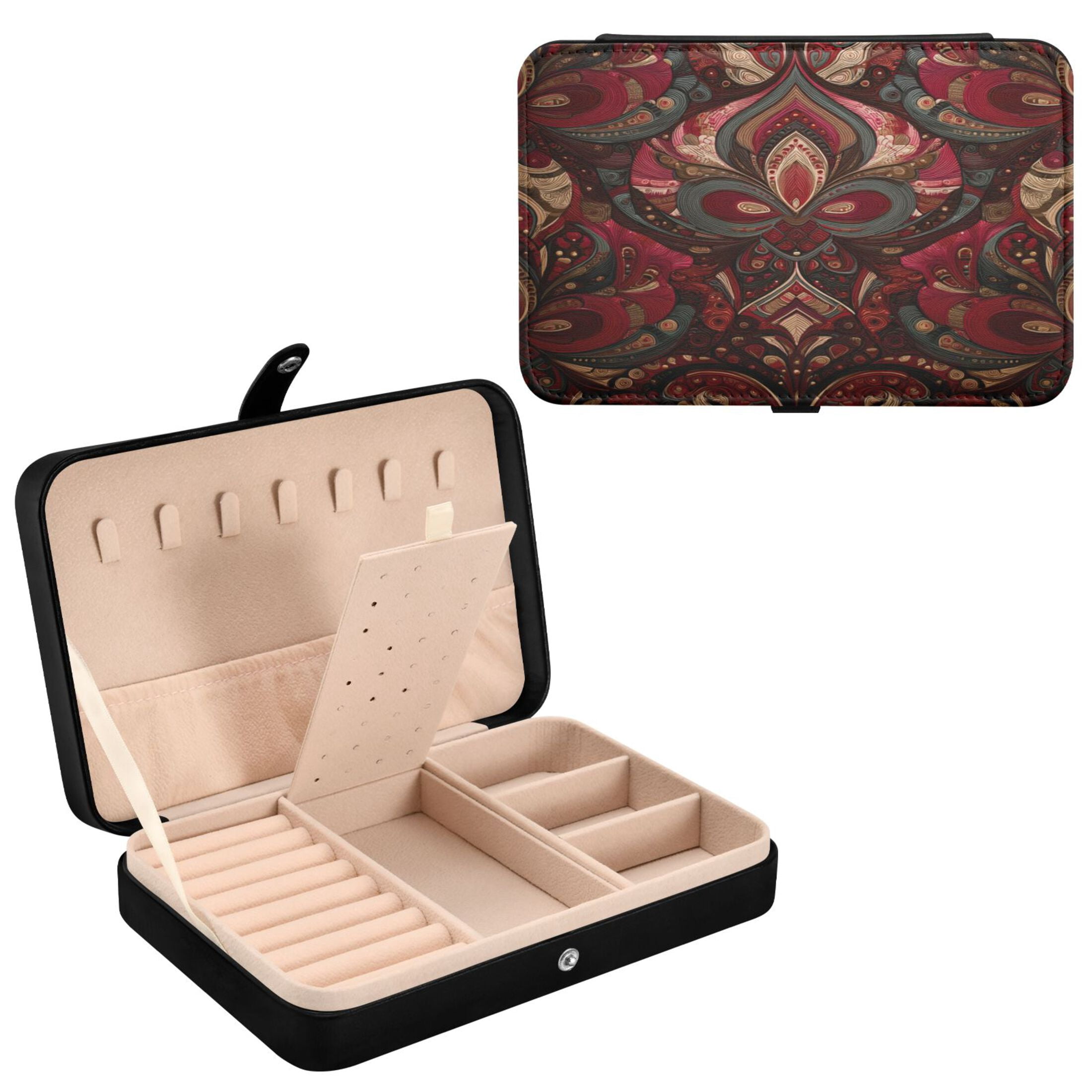 Leather Jewelry Box Rectangular 8.27x5.5x1.78In Travel Jewelry Storage Earrings Necklace Bracelet Watch Brooch Storage Red Pattern Seamless