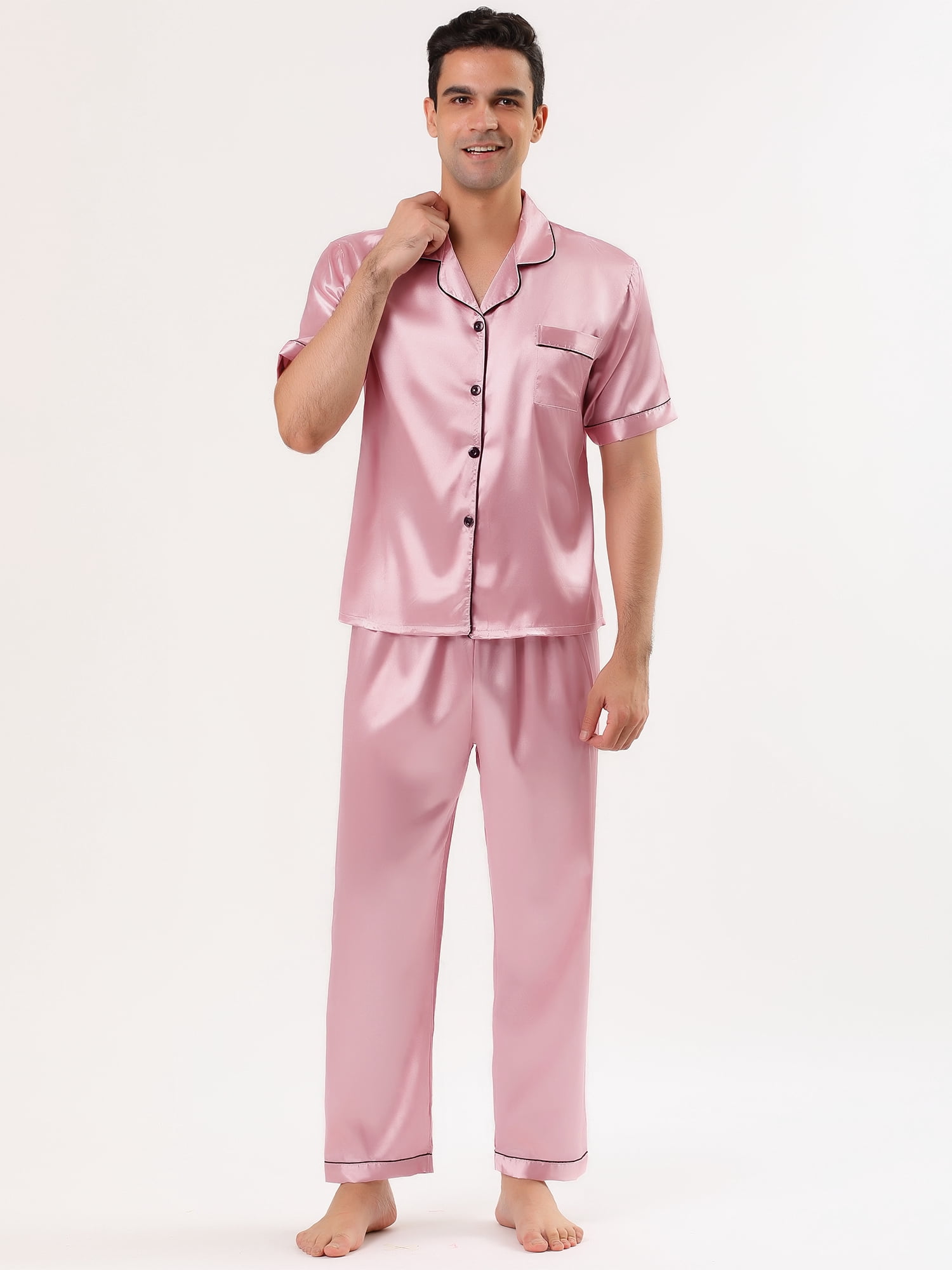 Unique Bargains Men's Button Down Satin Pajama Sets Short Sleeves Nightwear X-Large Pink