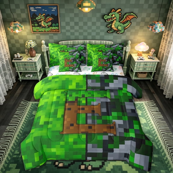 Feelyou Pixel Game Monogrammed E Twin Bedding for Kids Boys, Green Brown Sauqre Block Bedding Comforter Set, Gamepad Reversible, 7-Piece