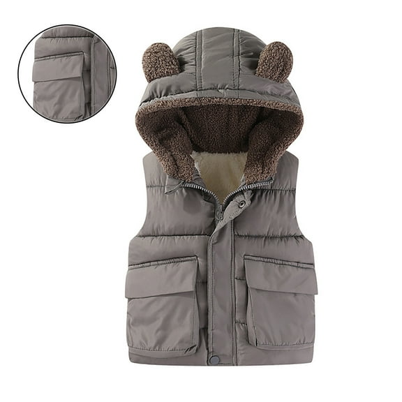 Kids Puffer Vest Hooded Jacket Grey Down Vest Zipper Sleeveless Bear Ears Lightweight Kids Puffer Jacket Vest for Girls 5-6 Years