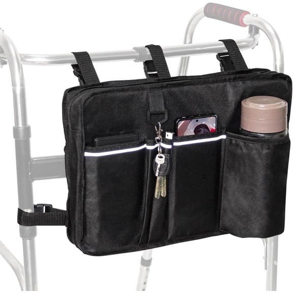 Walker Bag Walker Basket for Folding Walker with Cup Holder, Rollator Organizer Storage Pouch Universal Folding Walker Accessories Walker Bags for Seniors Bag for Walker (Large) (Black)