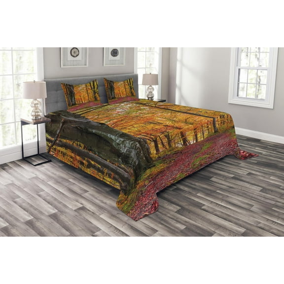 Ambesonne Autumn Quilted Bedspread Set 3 Pcs, Shady Deciduous Trees, King Size, Apricot Brown Red