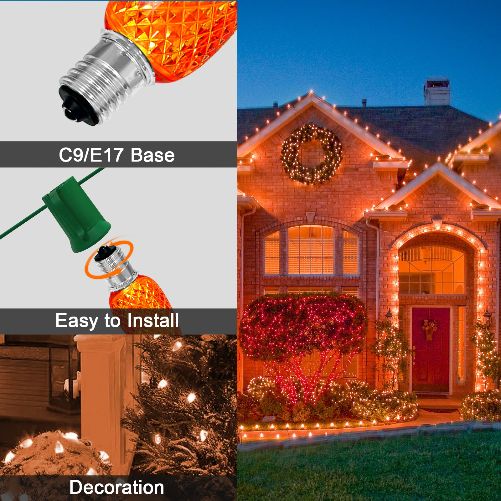 LAMPHOME Orange C9 Christmas String Light Outdoor, 25FT Shatterproof LED for House Rooflines & Pathways, Connectable Waterproof Vintage Christmas Light for Tree, Yard, Patio, Porch, Garden