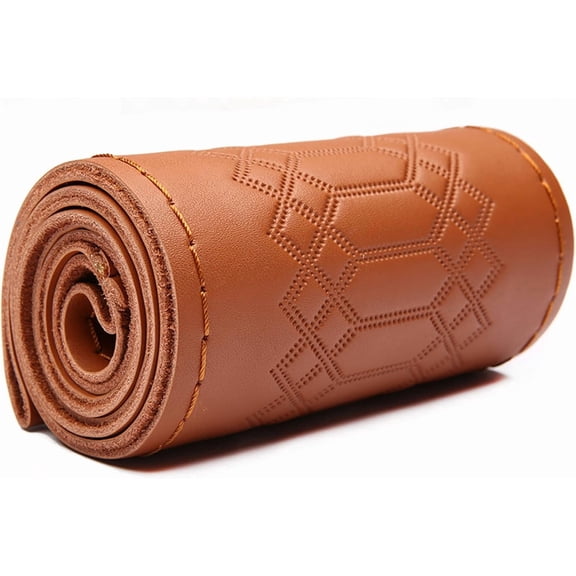 Universal Fit Steering Wheel Cover 15 Inch, PU Leather Car Steering Wheel Wrap with Fashion Embossed Pattern, Breathable Anti-Slip Sewn On Design (Brown)