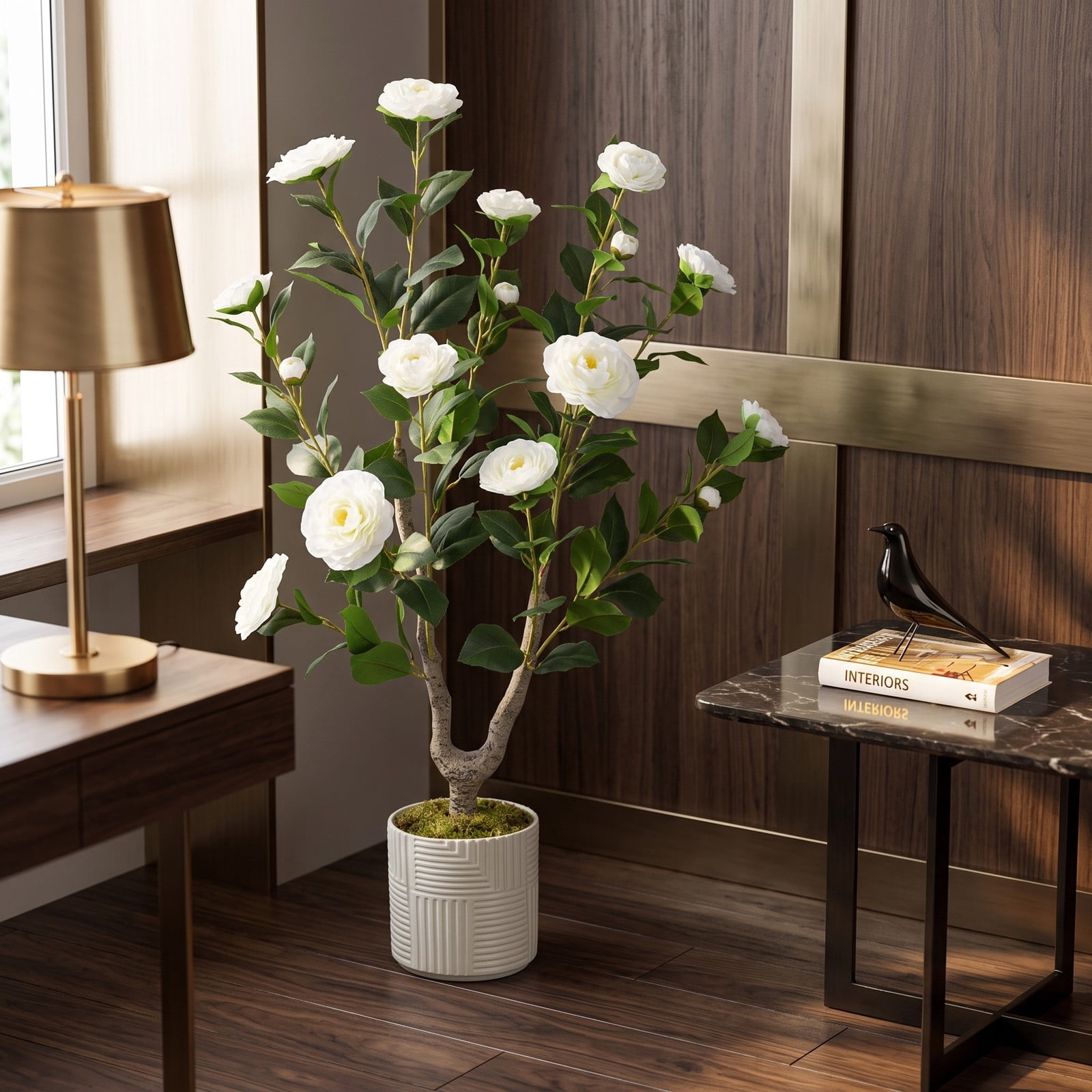 ALPULON 36 Inch Artificial Camellia Tree with Blooming Flowers, Faux Potted Silk Plant with Cement-Filled Pot for Home Office Wedding Front Door Porch Balcony, White