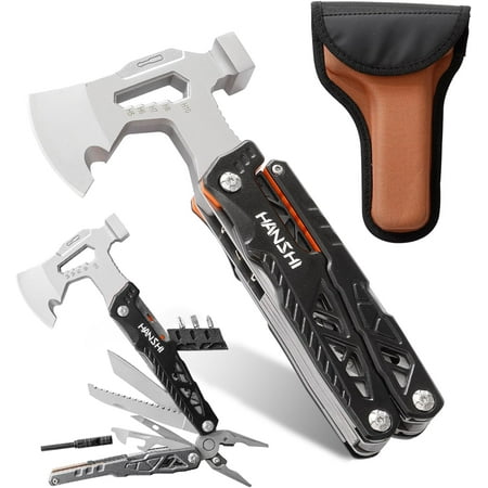 HANSHI Camping Axe Multitool with YG10 Tungsten Steel Replaceable Wire Cutters for Gift 17 in 1 Multi Tool with Spring-Action Pliers Knife Screwdriver Flint Rob Safty Whistle with Nylon Sheath