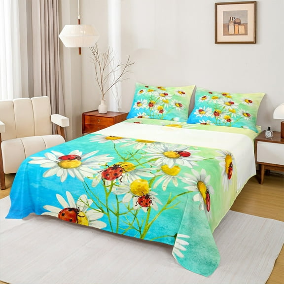 Homewish Chic Flower Daisy 3pcs Twin Sheet Sets for Kids Children Teens,Red Ladybird Twin Fitted Sheet,Abstract Watercolor Gradient Breathable Flat Sheet,Lightweight Room Decor