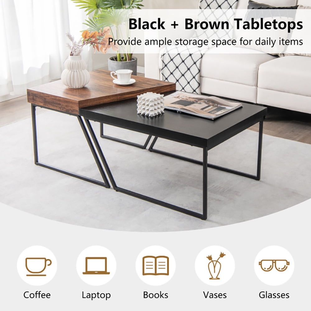 Finihen Coffee Table, Coffee Table Set of 2 with Powder Coated Metal Legs, for Living Room, Reception Room, Brown & Black Finihen Coffee Table, Coffee Table Set of 2 with Powder Coated Metal Legs, for Living Room, Reception Room, Brown & Black