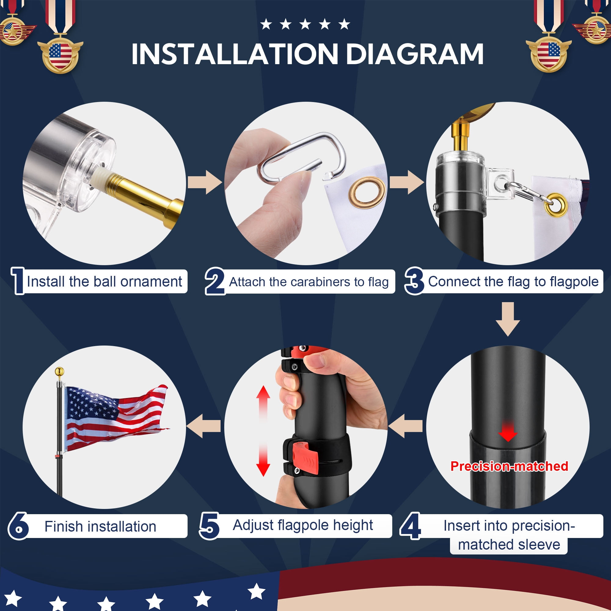 Yescom EZ GO 25ft Telescopic Flag Pole Kit Upgrade Rotating Lock for Outside Inground with 3x5' US Flag Ball Top Black