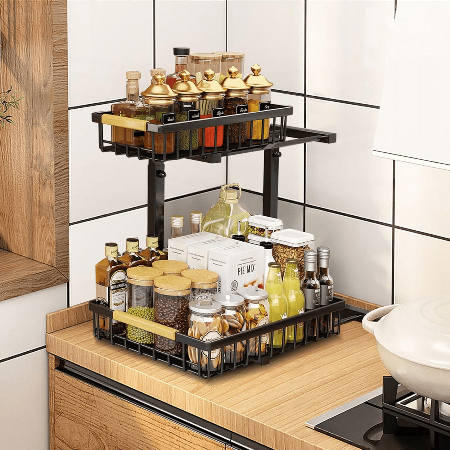Under Sink Organizer, Height Adjustable Under Sink Organizers and Storage, 2 Tier Pull Out Drawer Cabinet Organizer for Kitchen Bathroom Pantry Closet Organi