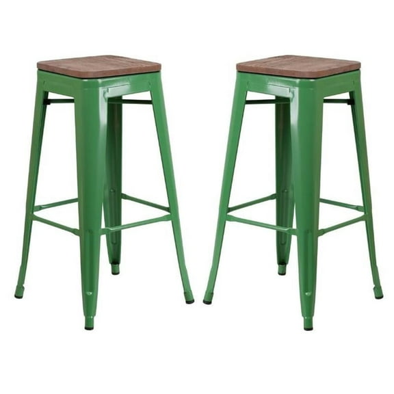 Home Square 30" Backless Metal Bar Stool in Green and Wood Grain - Set of 2