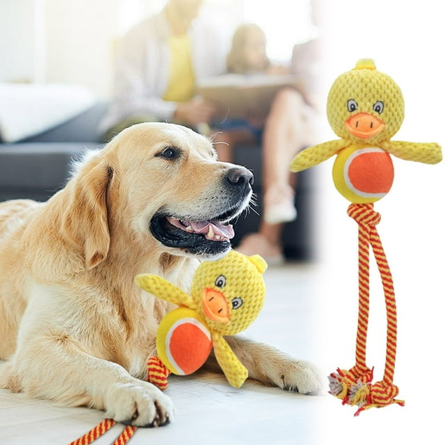 QIPOPIQ Durable Squeaky Dog Toy - Interactive Plush Cute Duck with Rope Legs, Teeth Cleaning Tug Toy for Small Medium and Large Dogs, Puppy Chew Toy
