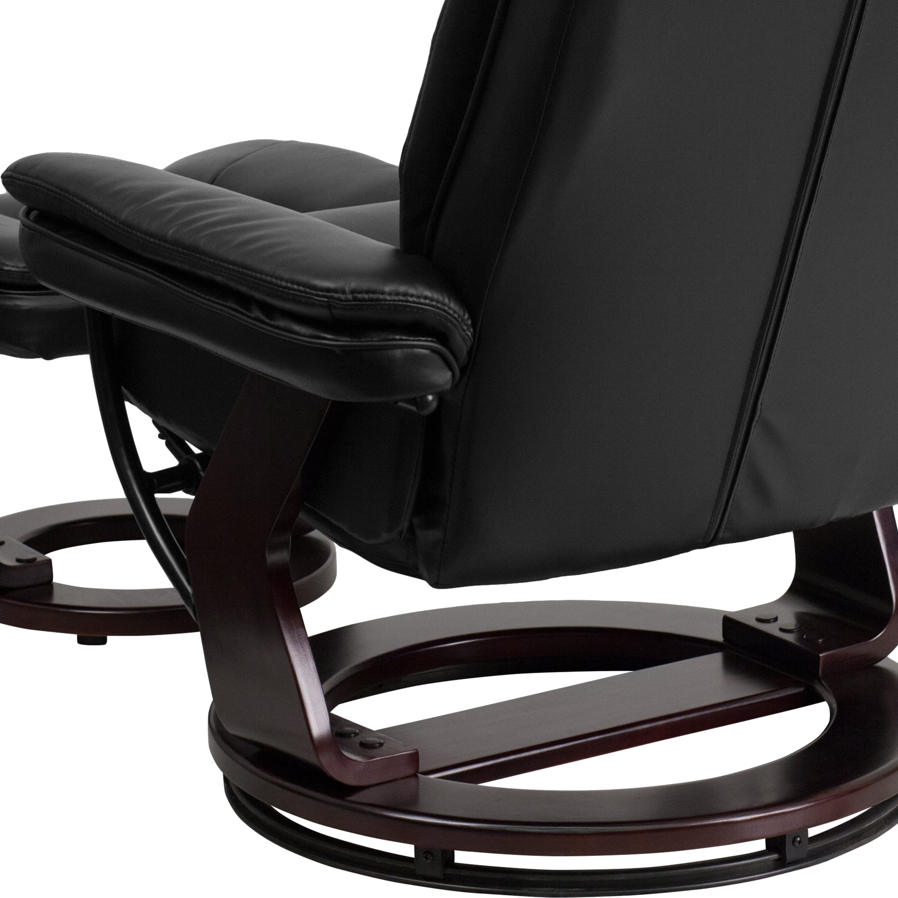 BizChair Contemporary Multi-Position Recliner with Horizontal Stitching and Ottoman with Swivel Mahogany Wood Base in Black LeatherSoft