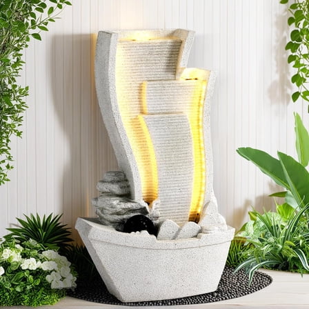 Magic Union 4-Tier Cascading Outdoor Water Fountain, 24" Resin Garden Fountain, Modern Curved Faux Slate Waterfalls Feature with LED Lights, Sailing Ship Water Fountains for Patio Deck Porch, White