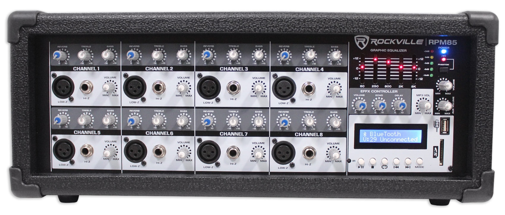 Rockville RPM85 2400w Powered 8 Channel Mixer, USB, 5 Band EQ, Effects