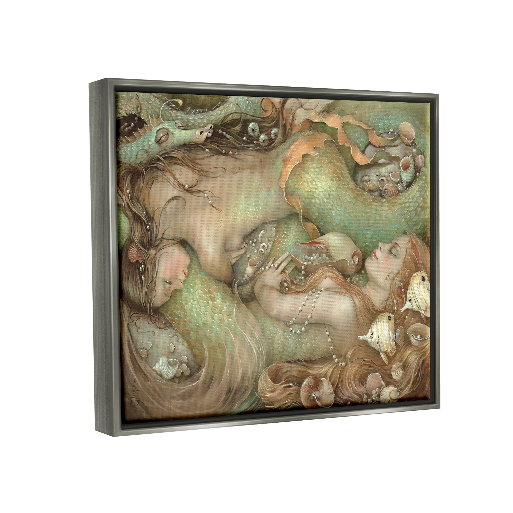 Stupell Industries Two Mermaids Underwater Fairy Tales & Fantasy Painting Gray Floater Framed Art Print Wall Art, 21 x 17