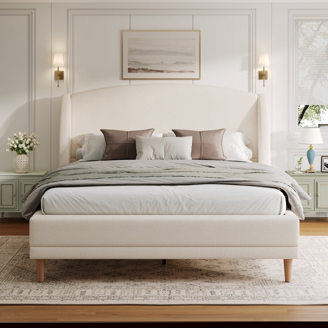 King Size Bed Frame,Upholstered Platform Bed,Soft Boucle Wingback Headboard,Wood Bed Support and Slats,Curved-Shaped Headboard King Bed Frame for Adult,Easy Assembly,Beige