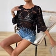 thumbnail image 6 of Boho Crochet Knit Fringe Hem Top, Women's 3/4 Sleeve Hollow Out Loose Fit Casual Poncho Blouse for Festival, Black One Size, 6 of 6