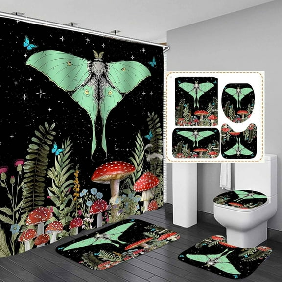 4PCS Green Moth Shower Curtain Sets with Rugs, Black Shower Curtain, Celestial Galaxy Moon Phase Colorful Wildflower Botanical Butterfly Boho Aesthetic Mysterious Gothic Witchy Bathroom Decor