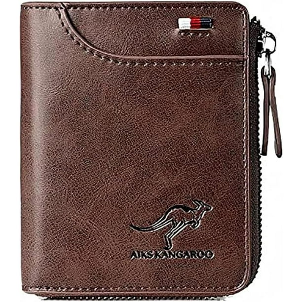 Aiks Carteras de canguro, cartera de hombre con cremallera de cuero con protección RFID, cartera de PU elegante diseño suave y simple (marrón retro)