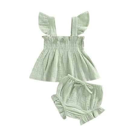 

Sunisery Infant Baby Girl Summer Linen Outfit Strap Smocked Bubble Shirt Dress Frill Trim Ruffle Bloomer Shorts Casual Clothes