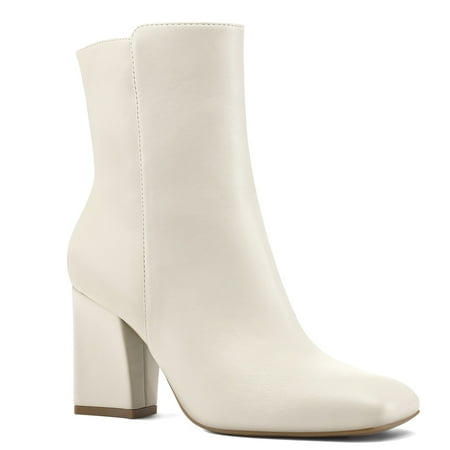 

Pennysue Women s Square Toe Mid Calf Boots White Chunky Block Heel Ankle Booties Side Zipper Size 6.5M