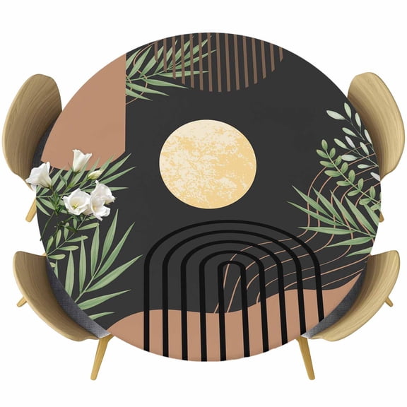 Boho Black Table Cloth, Round Fitted Tablecloths with Elastic Edge, Brown Modern Stripes Moon Abstract Leaf Wipeable Waterproof Table Cover for Kitchen Wedding 45-54 Inches