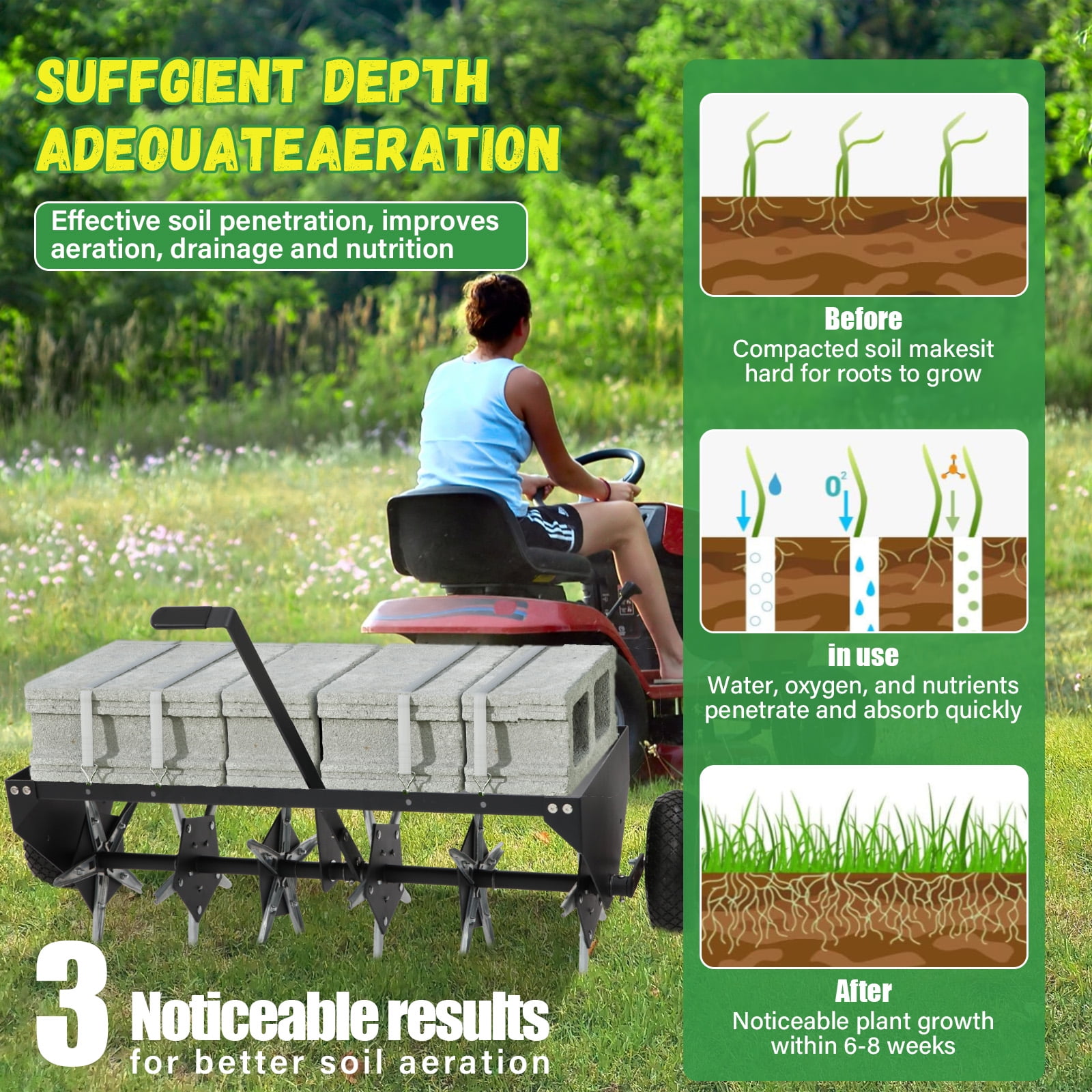 48-Inch Tow Behind Lawn Plug Aerator with Universal Hitch, Lawn Aerator Tow Behind with 30 Galvanised Steel Tines,Tray and Inflatable Wheels for Gardens, Lawns, Farms