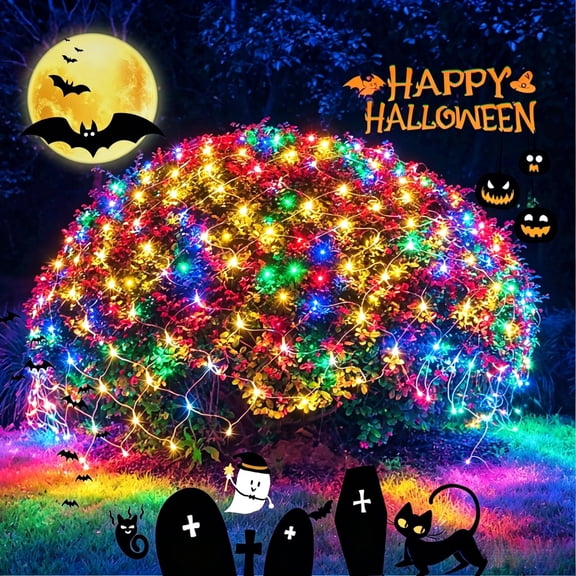 Colorful 200 LED Hallowmas Net Lights – Plug-in 8 Modes, Waterproof for Outdoor Yard & Indoor Party Decor