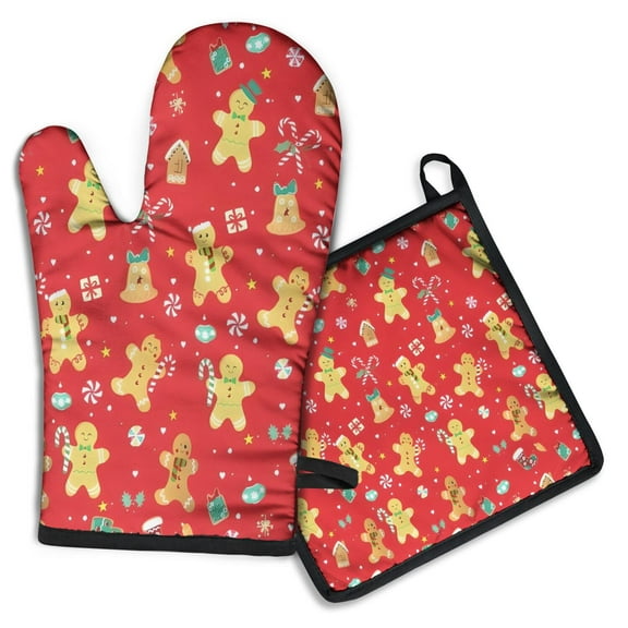 Red Christmas Gingerbread Man Pattern Kitchen Oven Mitt and Pot Holder Sets 2 Pcs for Baking, Cooking and Grilling, Heat Resistant Up To 392 °F