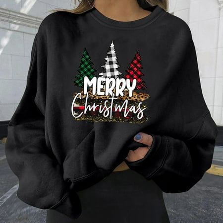 

jsaierl Womens Christmas Sweatshirts Crewneck Long Sleeve Shirts Christmas Tree Graphic Tops Oversized Casual Blouse Tee Xmas Pullover Gifts
