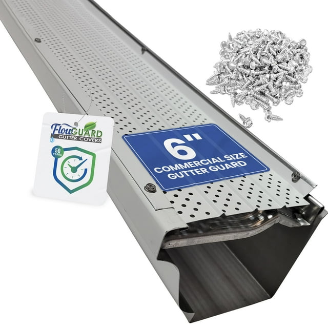 FlowGuard USA Made Professional DIY 6 Inch 50-Year Gutter Cover System - White - Aluminum Gutter Guards - 22 Feet - by FlexxPoint