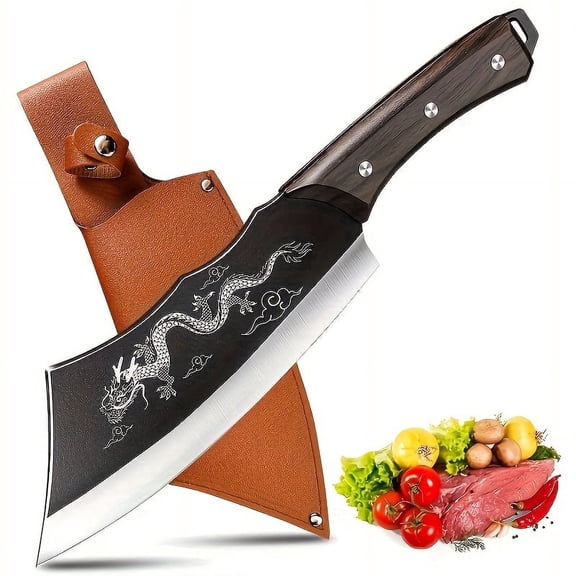 Dragon Butcher Knife, Heavey Duty Cleaver Knife for Meat Bone Cutting, 8 inch Cool Big Viking Camping Chopper Cutter with Sheath