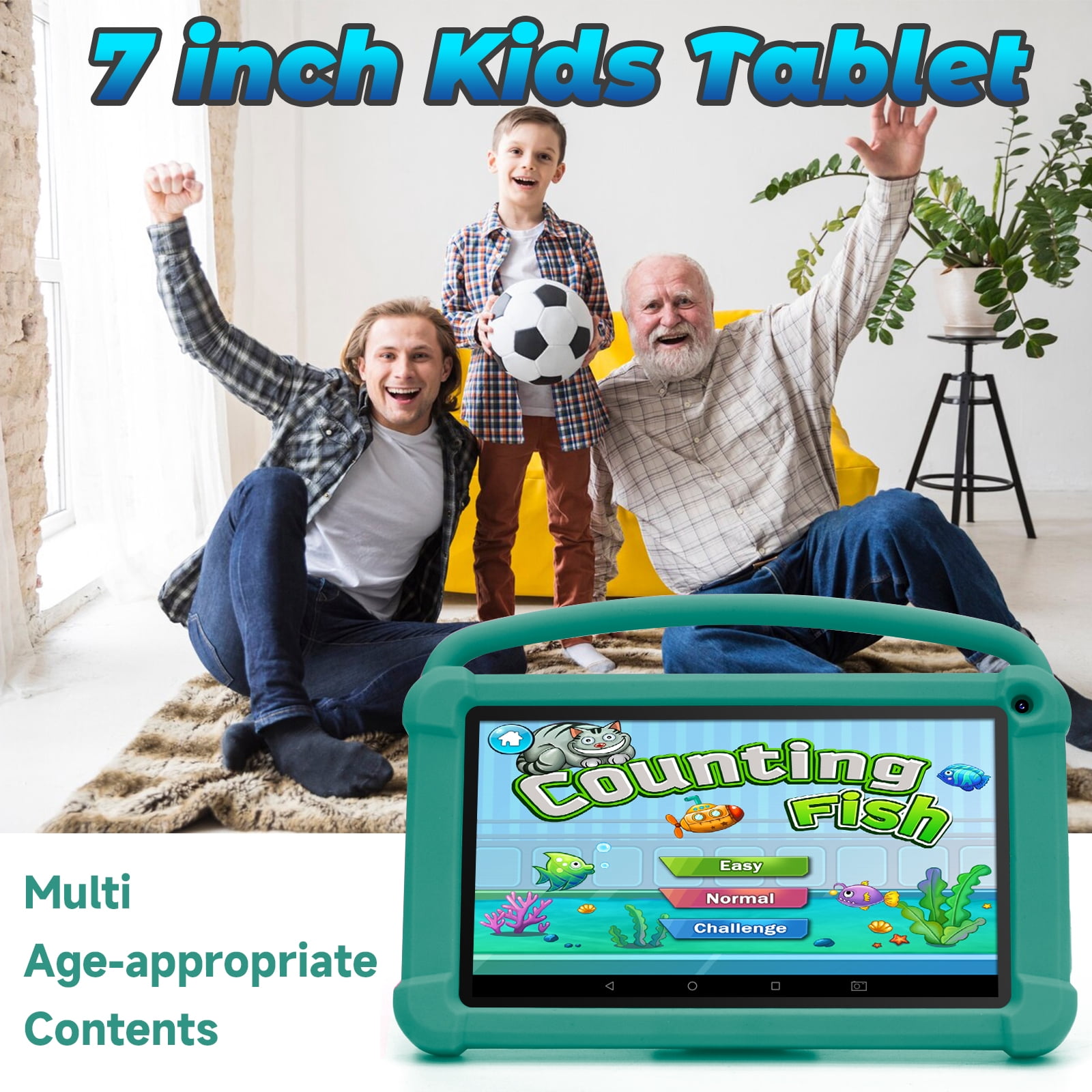 7 inch Kids Tablet, Android 12 Tablet for Kids, 4GB RAM+32GB ROM+512GB Expand, Toddler Tablet with Shockproof Case, Parental Contral, 1024*600 IPS Screen, 3000mAh Battery, Educational, Games, Green