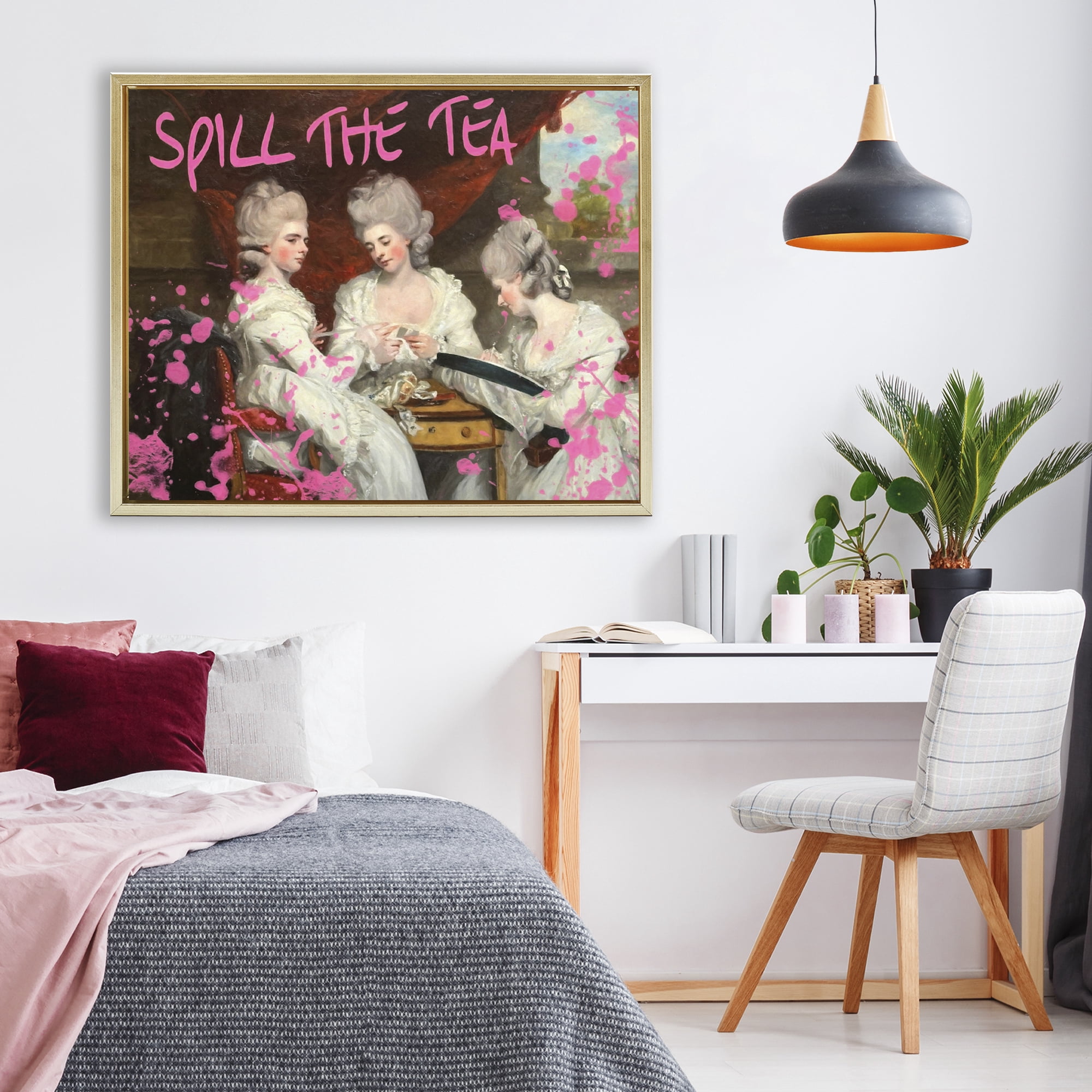 Stupell Industries Spill The Tea Iconic Ladies Gold Framed Floater Canvas Wall Art, design by Grotto Studios