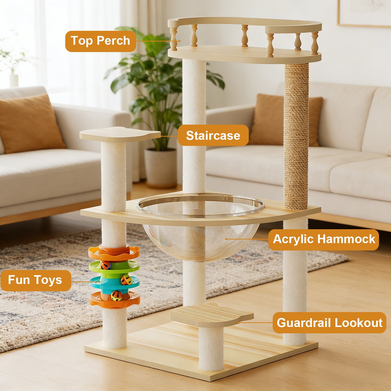 32.2 Inch Modern Wood Cat Tower, Cat Tree with Sisal Scratching Posts, Top Perch, Acrylic Hammock & Toys, Indoor Activity Condo for Small Large Cats