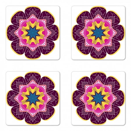 

Ethnic Coaster Set of 4 Abstract Flower Motif Inspired by Vintage Mandalas in Vibrant Colors Square Hardboard Gloss Coasters Standard Size Multicolor by Ambesonne