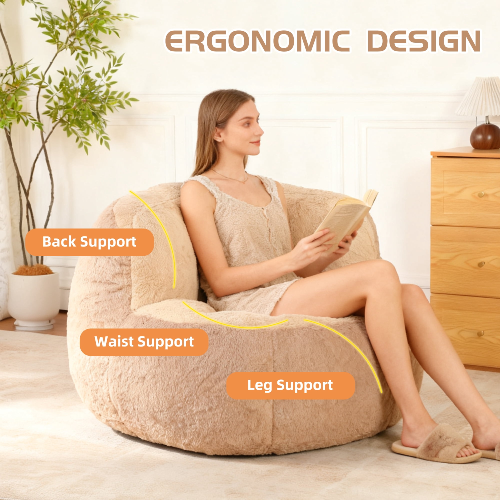 Tcbosik Oversized Bean Bag Chair for Adults, Faux Fur Single Sofa Chair, Accent Lounge Chair for Reading, Gaming, No Assembly Required, Brown+Camel