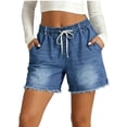 thumbnail image 2 of Women High Rise Ripped Stretchy Jeans Shorts Frayed Raw Hem Casual Denim Shorts Blue S, 2 of 7