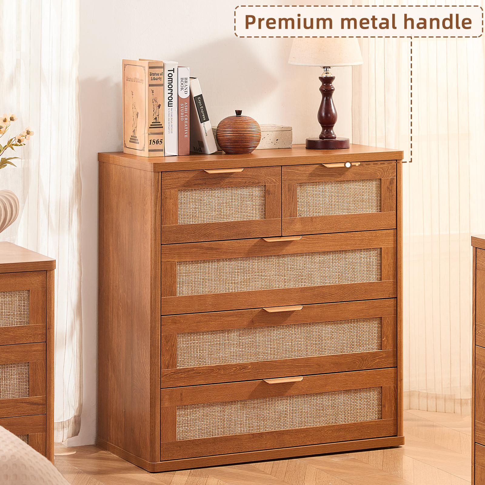 2 Pcs Rattan Drawer Dresser for Bedroom, Tea Brown Wooden Chest of Drawers, Modern 5 Drawer Chest Storage Dresser for Closet, Living Room, Hallway