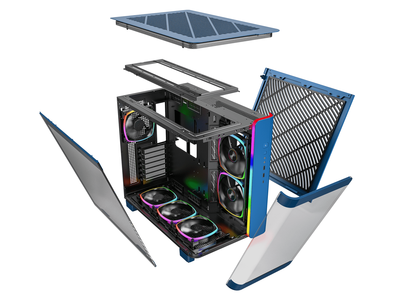 MONTECH, KING 95 PRO Dual-Chamber ATX Mid-Tower PC Gaming Case, High-Airflow, Toolless Panels, Sturdy Curved Tempered Glass Front, Six ARGB PWM Fan Pre-installed with Fan Hub, Prussian Blue