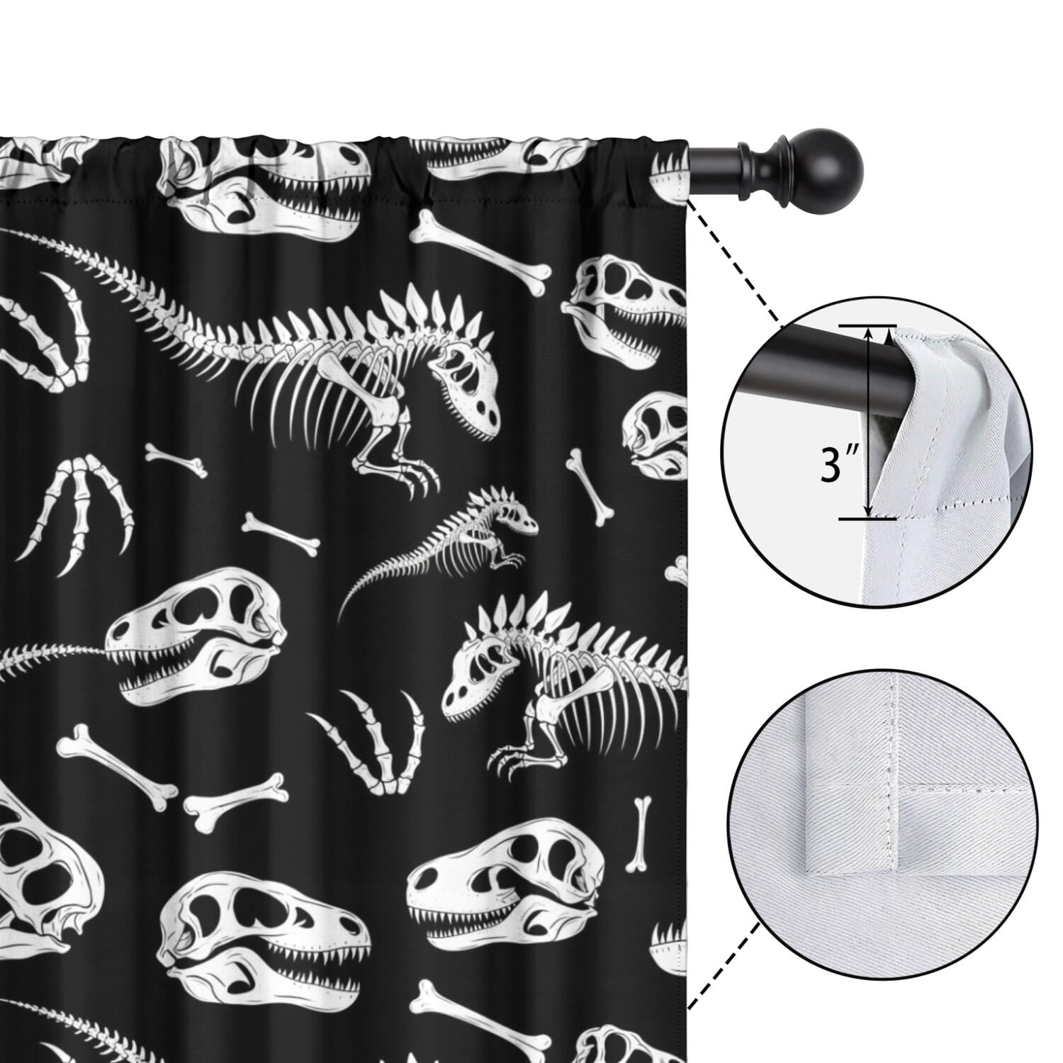 Blackout Kids Curtains,Black Cartoon Dinosaurs Skulls Skeletons Pattern Childrens Insulated Curtains Set Of 2,Bedroom Essentials,Toddler Room Decor 42"x63"