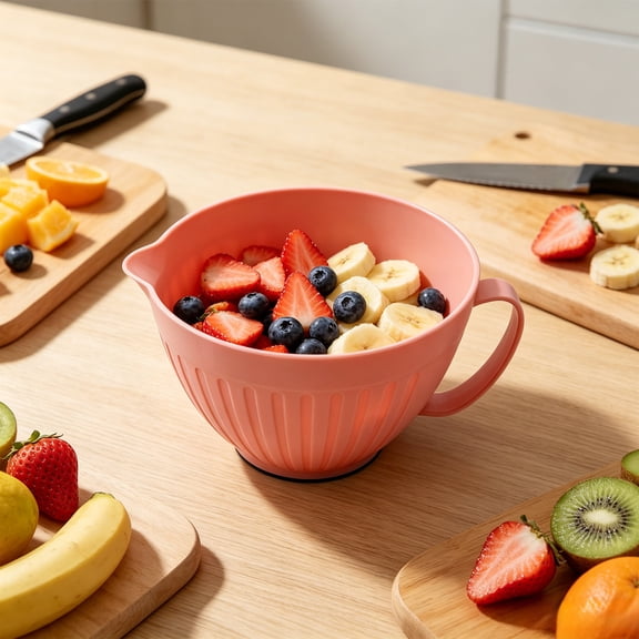 Mixing Bowl with Pour Spout and Handle, Large Plastic Batter Bowl with Non-Slip Base, Nordic Kitchen Prep Bowl for Baking, Cooking, Salad & Prepping