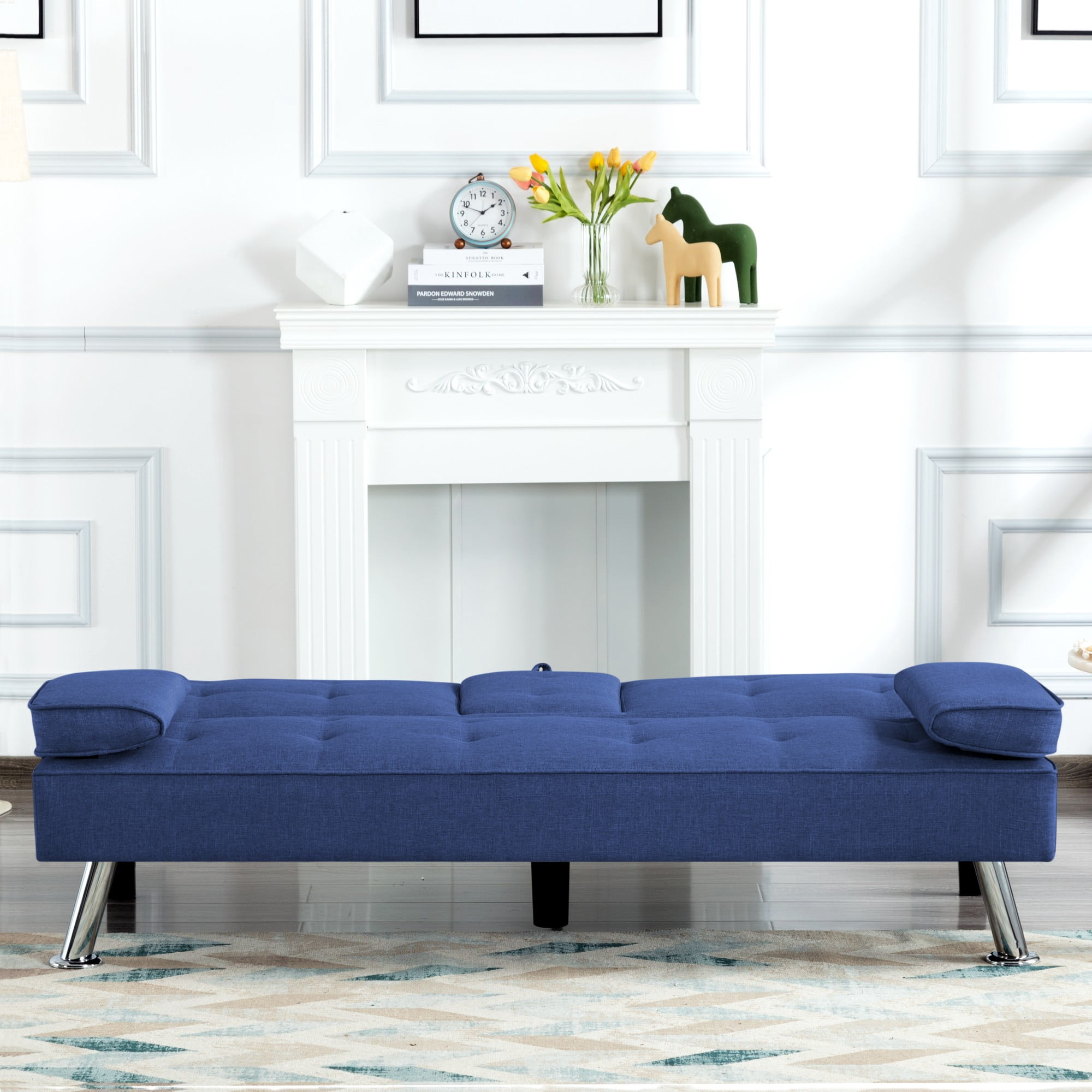 Gewnee 65.3" 3‑in‑1 Convertible Futon Sleeper Sofa, Polyester Foldable Sleeper Couch with Adjustable Backrest,Sofa Bed with Cup Holders & Storage Bag for Small Apartments，Navy Blue